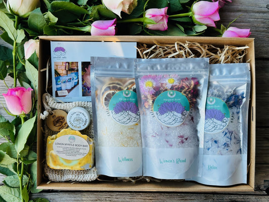 BATHING BEAUTIES BATH BLISS MOTHERS DAY HAMPER- 100% ALL NATURAL BEST SELLERS BATH SALTS/ BODY SOAKS - HAND MADE SOAP AND LIP BALM