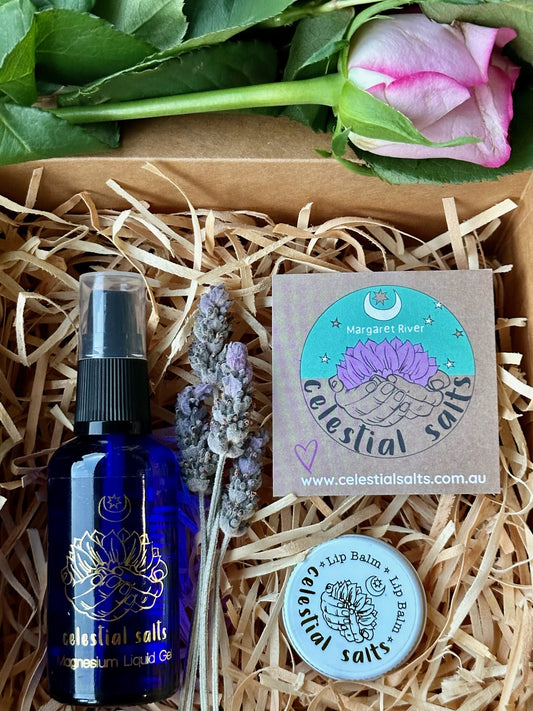 NURTURE AND NOURISH MOTHERS DAY HAMPER- HAND MADE MAGNESIUM OIL WITH ORGANIC ALOE VERA GEL AND EXTRACT AND ALL NATURAL LIP BALM
